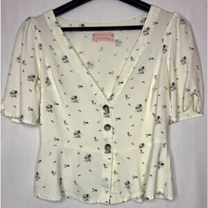 Urban Outfitters Kelsey Cream Floral Peplum Blouse Puff Sleeve Button Front SM